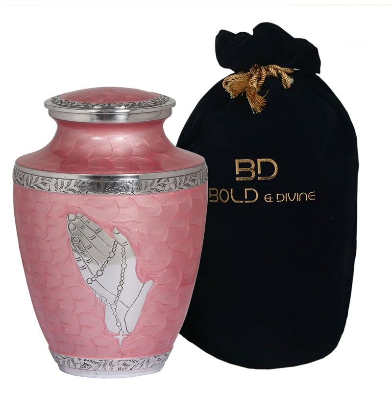 BOLD & DIVINEâ„¢ Modern Pearl Pink Cremation Urn |Human Ashes Adult Memorial urn, Burial, Funeral Cremation Urns | 200 Cubic Inches (Praying Hands) - Image 2
